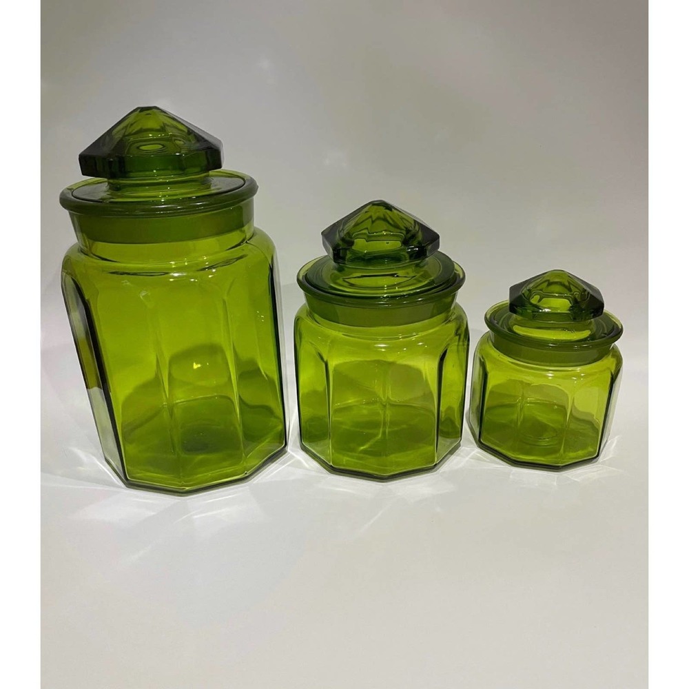 Vintage LE Smith Dakota Green Glass Canisters